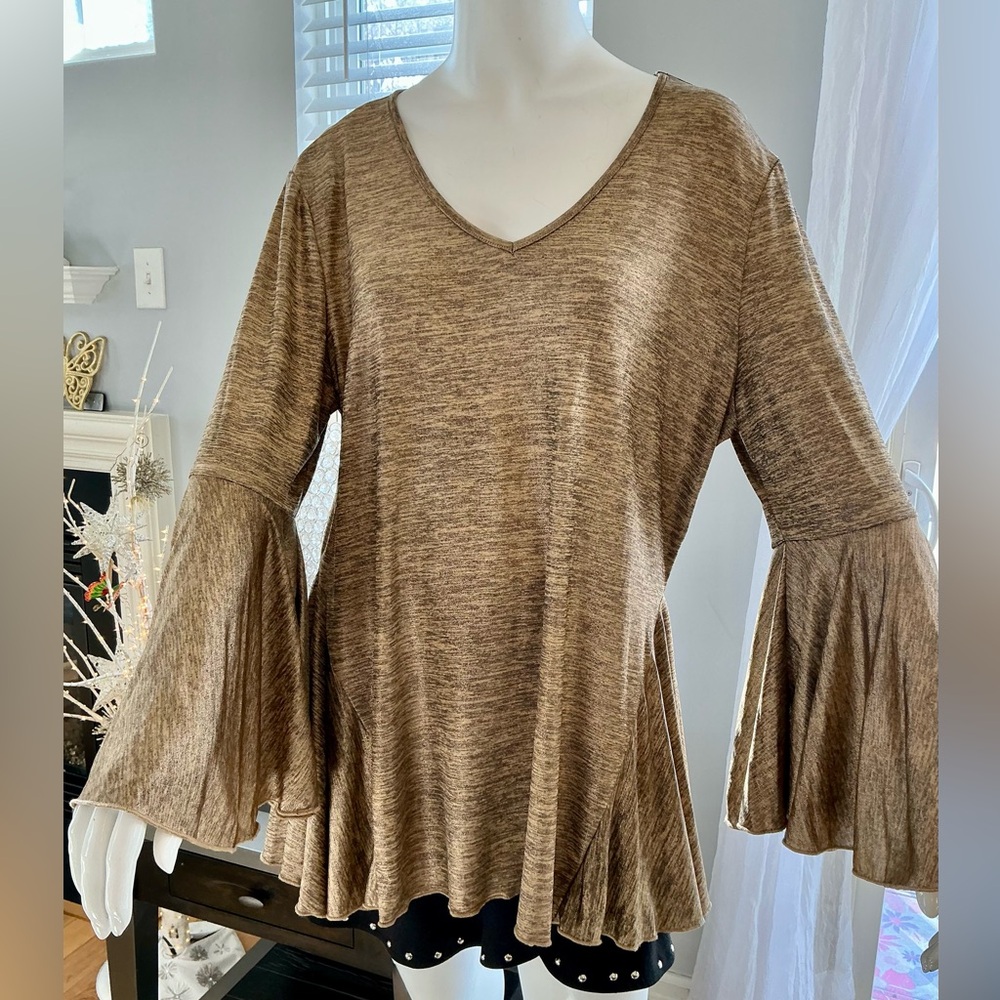 Talk of the Walk Shimmer Retro 70’s Flowy Pewter Drape Tunic Cascade Sleeves LG